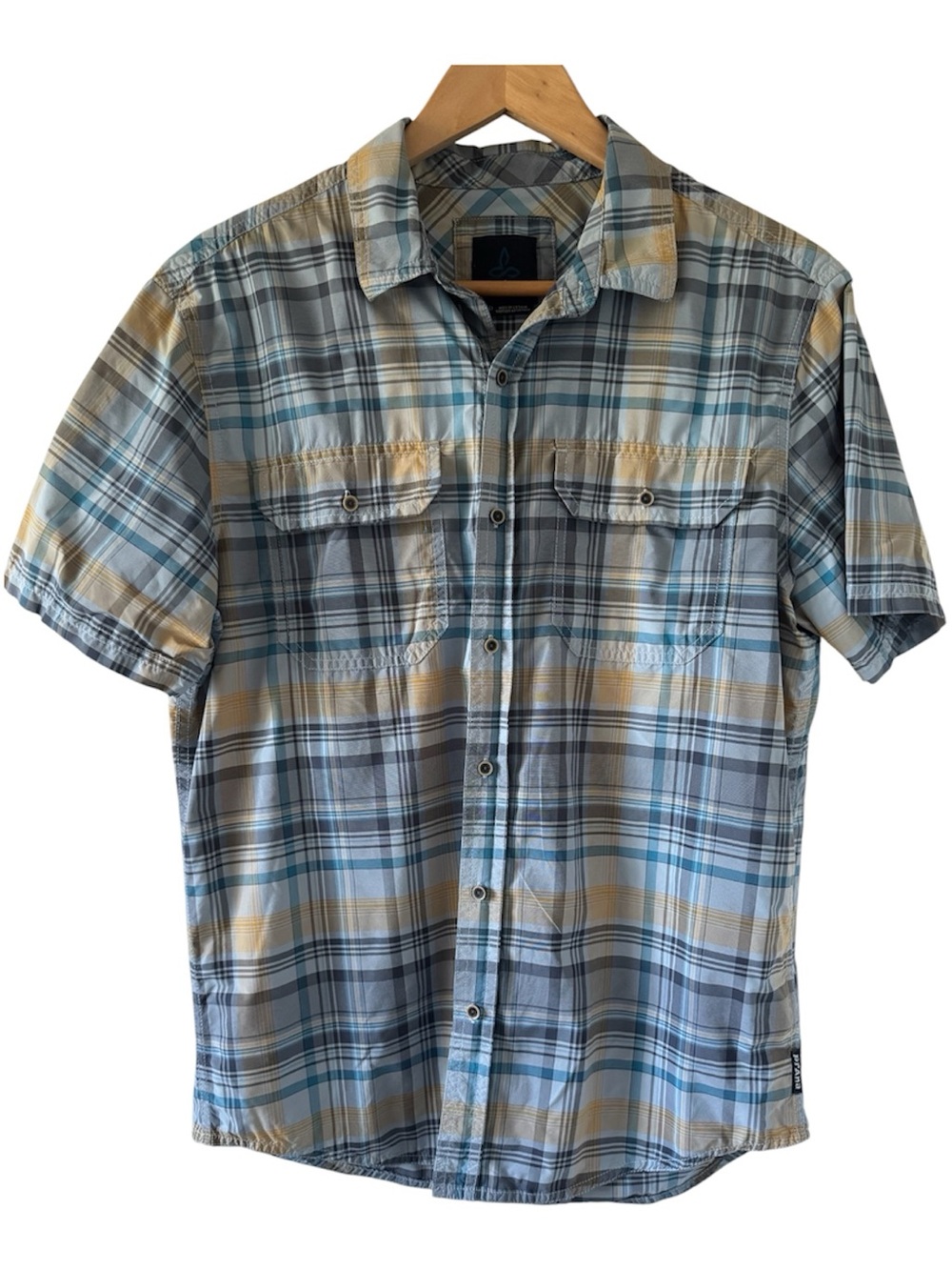 Prana Men's Cayman Short Sleeve Plaid Button-Down Shirt in Blue and Tan - M